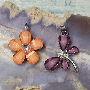 Orange and Purple Flower and Dragonfly Pendants
